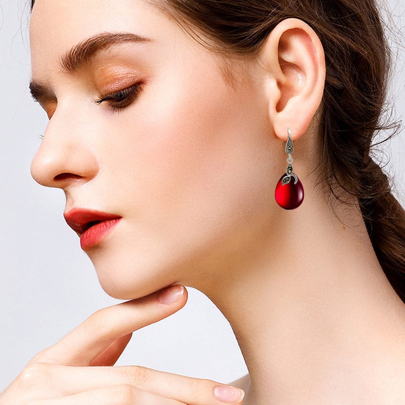 EVER FAITH 925 Sterling Silver Red Created Chalcedony Crystal Retro Black Leaf Teardrop Hook Earrings Birthday/Mothers Day/Valentines/Christmas Jewelry Gift for Women - Image 3